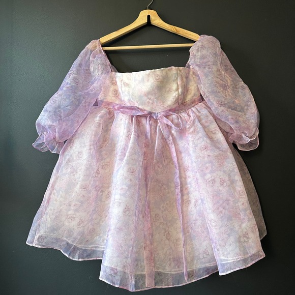 Fanciful Doll Floral Organza Mini Babydoll Dress Purple Pink Size Small - Picture 4 of 15